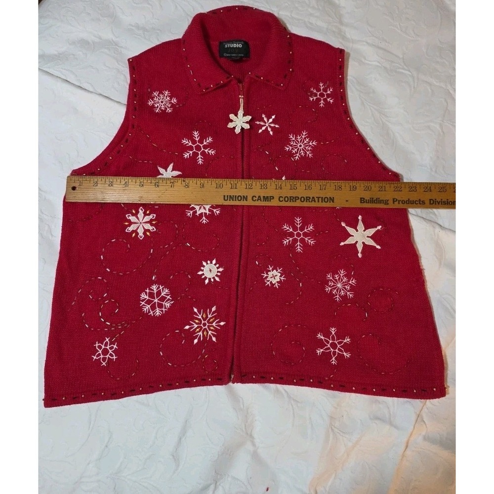 Studio JOY Red Snowflake Zip Sweater Vest XL Ramie Cotton Embroidered Holiday - Picture 8 of 9